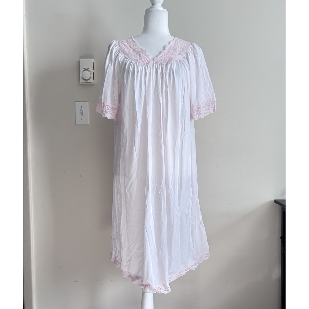 Vintage Shadowline Nightgown Pastel Pink‎ Floral Womens Medium Cottagecore Lace